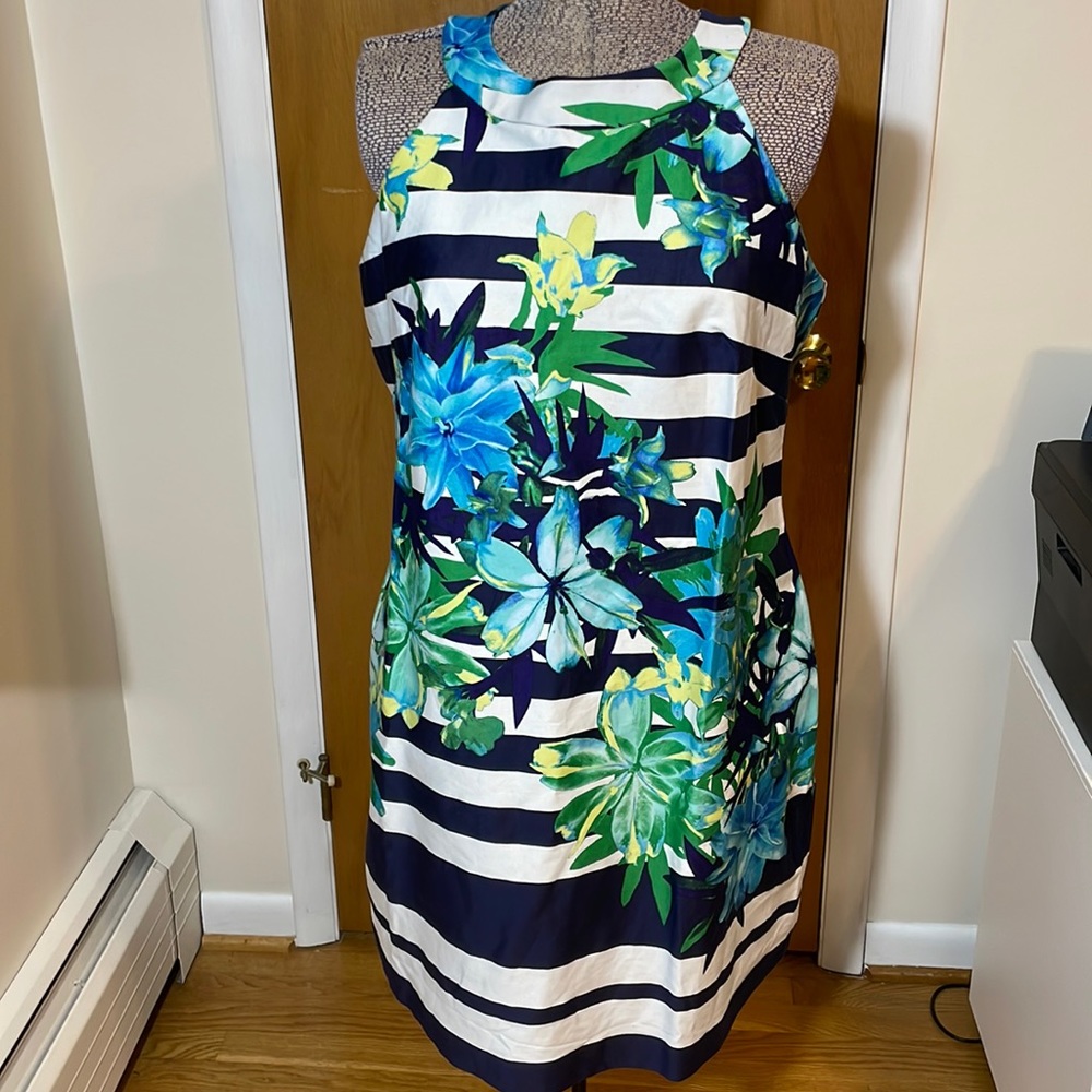 Vince Camuto Womens 12 Sleeveless Dress Navy and White Stripe with Flowers